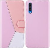 Voor Galaxy A50 Tricolor stiksels Horizontaal Flip TPU + PU lederen tas met houder & kaartsleuven & portemonnee (roze)