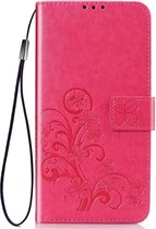 Klavertje vier Embossed Buckle Bescherming voor mobiele telefoons Leren tas met sleutelkoord en kaartsleuf en portemonnee en beugelfunctie voor Xiaomi CC9e (magenta)