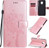 Voor Xiaomi Redmi Note 9 Pro Tree & Cat reliÃ«fpatroon Horizontale flip lederen tas met houder & kaartsleuven & portemonnee & lanyard (rose goud)