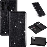 Voor Samsung Galaxy A21 ultradunne glitter magnetische horizontale flip lederen tas met houder en kaartsleuven (zwart)