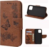 Voor iPhone 12 vintage reliÃ«f bloemen vlinder patroon horizontale flip lederen tas met kaartsleuf & houder & portemonnee & lanyard (bruin)