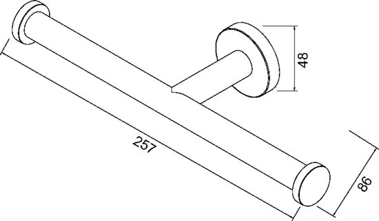 Technische tekening van een dubbele toiletrolhouder van chroom met afmetingen.