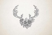 Wanddecoratie - Rendier hoorns met bloemen - XS - 25x27cm - Wit - muurdecoratie - Line Art