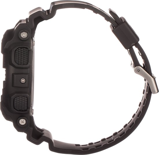 Zijprofiel van een zwarte G-Shock horloge, met band, gesp en knoppen aan de zijkant.