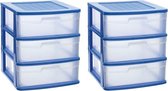 2x stuks ladeblok/bureau organizer met 3x lades blauw/transparant - L40 x B39 x H39.5 cm - Opruimen/opbergen laatjes