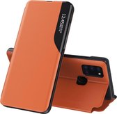 Voor Galaxy A21S zijdisplay magnetische schokbestendige horizontale flip lederen tas met houder (oranje)