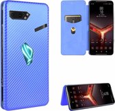 Voor Asus ROG Phone II Koolstofvezel Textuur Magnetische Horizontale Flip TPU + PC + PU lederen tas met kaartsleuf (blauw)