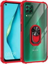 Voor Huawei P40 Lite schokbestendig transparant TPU + acryl beschermhoes met ringhouder (rood)