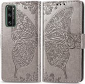 Voor Huawei Honor 30 Pro Butterfly Love Flower Reliëf Horizontale Flip Leren Case met Beugel / Kaartsleuf / Portemonnee / Lanyard (Grijs)