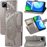 Voor OPPO Realme V3 vlinder liefde bloem reliëf horizontale flip lederen tas met beugel / kaartsleuf / portemonnee / lanyard (grijs)