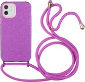 Glitterpoeder schokbestendige TPU-beschermhoes met draagkoord voor iPhone 12/12 Pro (paars)