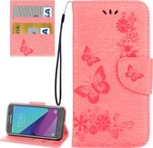 Voor Galaxy J3 (2017) (Amerikaanse versie) Vlinders Embossing Horizontale flip lederen tas met houder en kaartsleuven & portemonnee en draagkoord (roze)
