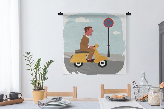 Tapisserie Illustration Vespa - Illustration d'un homme sur une Vespa Tapisserie coton 90x90 cm - Tapisserie avec photo