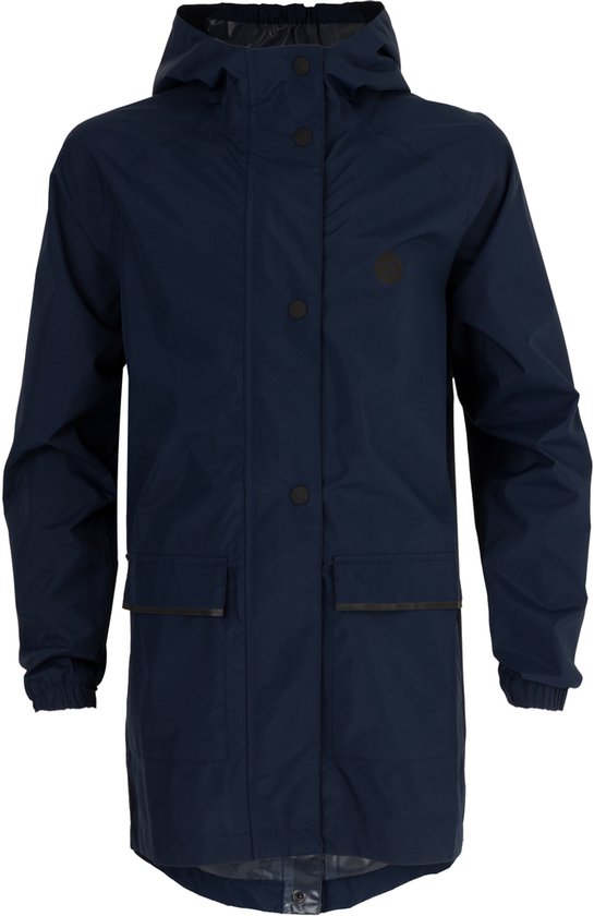Manteau de pluie bleu marine avec capuche, fermeture à boutons-pression et poches plaquées.