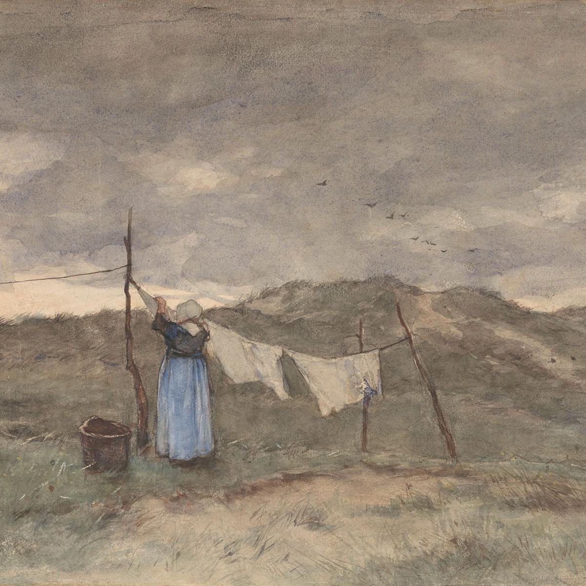 Schilderij - vrouw bij waslijn - Anton Mauve - Collectie ART Facsimile - Forex met blanke lijst - 74x74cm