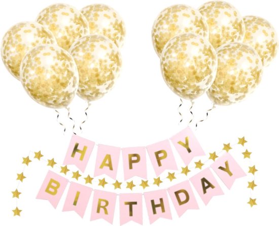 Happy Birthday Slinger Set Verjaardag Versiering Gouden Confetti Helium Ballonnen Verjaardag Versiering Roze & Goud
