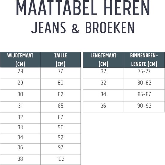 Maattabel heren jeans & broeken met breedte-, taille-, lengte- en binnenbeenmaten in cm.