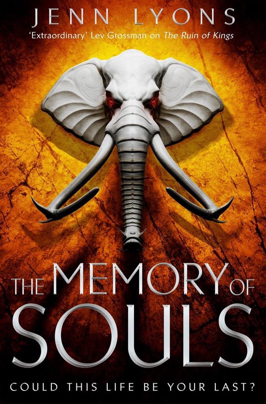 Boek kaft met een gestileerde witte olifant met rode ogen en slagtanden op een oranje, gebarsten achtergrond. Titel: THE MEMORY OF SOULS.