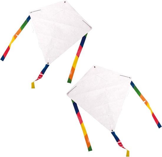 Set van 8x stuks blanco vliegers DIY knutselpakket inclusief 6 krijtjes per pakket 49 x 49 cm - Strandspeelgoed - Buitenspeelgoed
