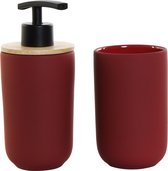 Badkamerset met zeeppompje en tandenborstel beker rood 18 cm - Navulbare zeep houder - Toilet/badkamer accessoires