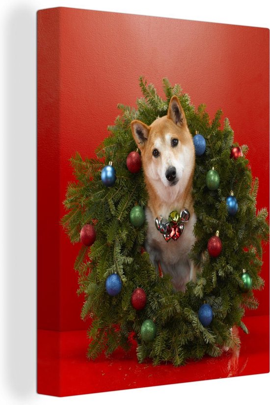 Canvas Schilderijen - Shiba hond met een kerstkrans - Wanddecoratie