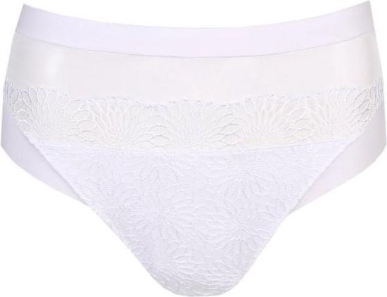 Witte tailleslip met een doorzichtige mesh tailleband en bloemenkant op de voorkant.
