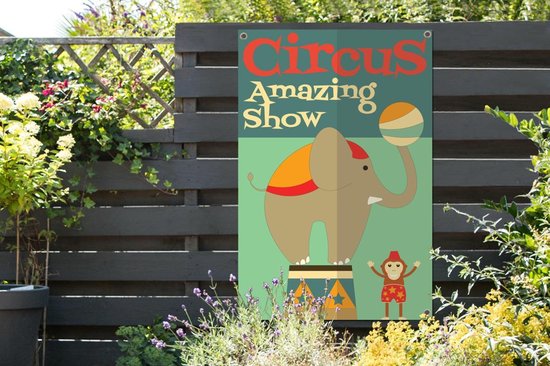 Tuinposter 120x180 cm - Tuindecoratie Circus" met olifant en aap op een groene achtergrond - Poster voor in de tuin - Buiten decoratie - Schutting tuinschilderij - Tuindoek muurdecoratie - Wanddecoratie balkondoek