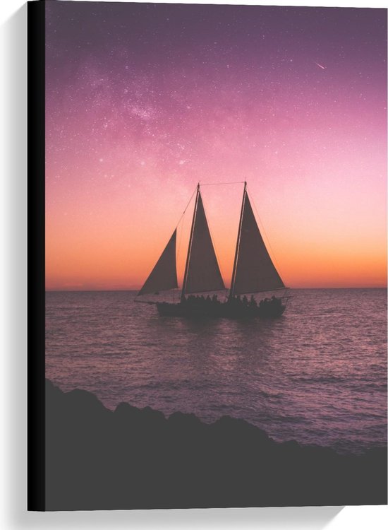 Canvas  - Silhouet van Zeilschip op Zee tegen de Nacht - 40x60cm Foto op Canvas Schilderij (Wanddecoratie op Canvas)