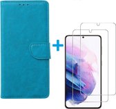 Bookcase Geschikt voor: Samsung Galaxy S21 Ultra 5G - Tuquoise - portemonnee hoesje met 2 stuks Glas Screen protector