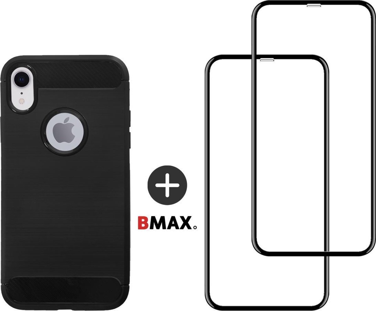BMAX Telefoonhoesje geschikt voor iPhone XR - Carbon softcase hoesje zwart - Met 2 screenprotectors full cover