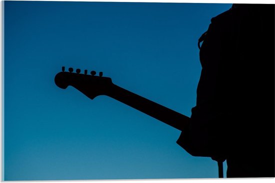 Acrylglas - Silhouet van Gitarist op Blauwe Achtergrond - 60x40cm Foto op Acrylglas (Met Ophangsysteem)