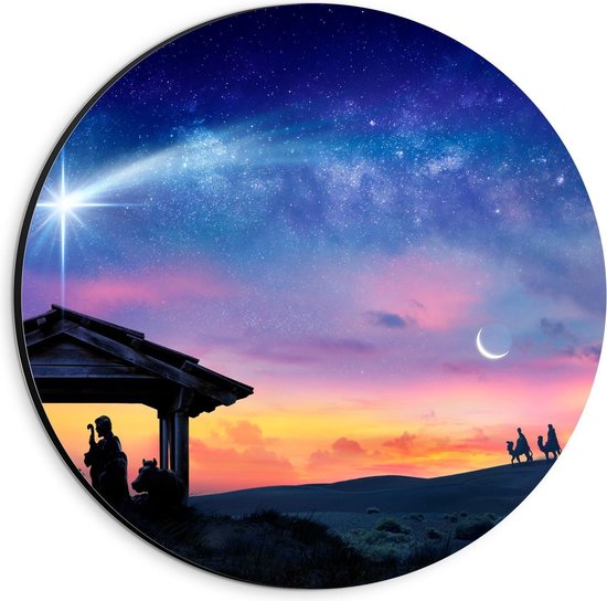 Dibond Wandcirkel - Silhouet van Geboorte van Jezus en de Drie Wijzen - 20x20cm Foto op Aluminium Wandcirkel (met ophangsysteem)