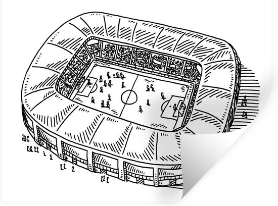 Sticker Muursticker Illustration stade de football - illustration noir et blanc du stade de football - 40x30 cm - feuille adhésive autocollante - sticker mural repositionnable