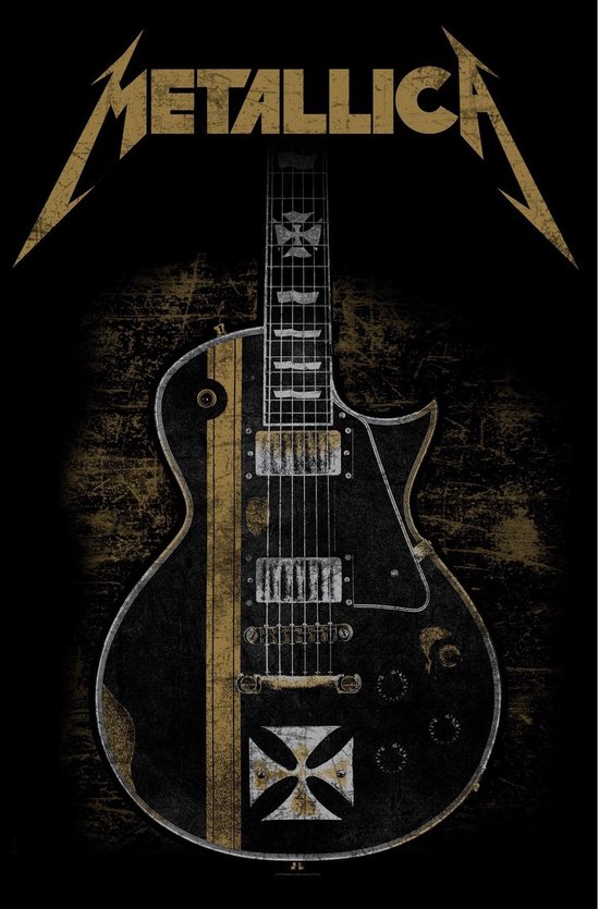 Zwarte elektrische gitaar met gouden strepen en Metallica-logo. Keltische kruizen op de body en hals.