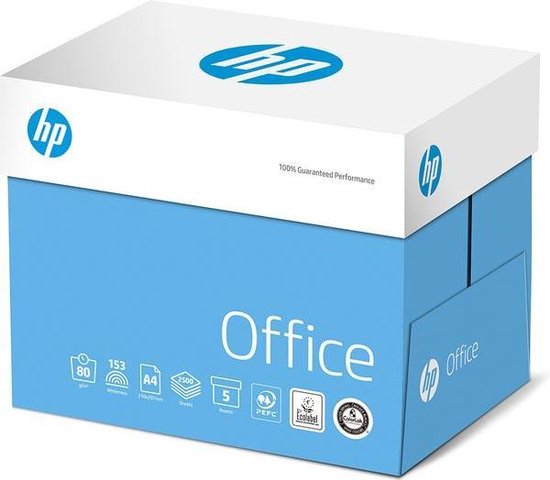 Doos HP Office papier met de tekst "Office" en icoontjes van FSC en EcoLabel.