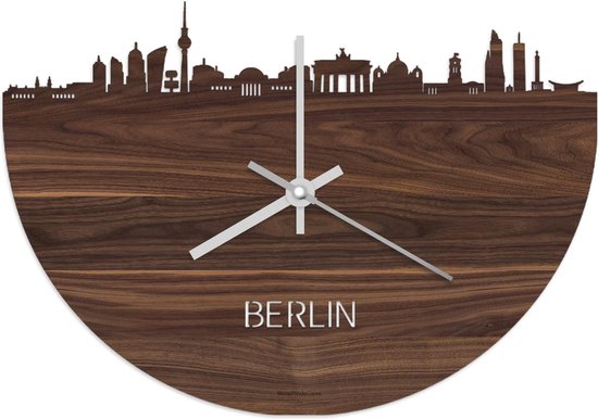 Skyline Klok Berlijn Notenhout - Ø 40 cm - Stil uurwerk - Wanddecoratie - Meer steden beschikbaar - Woonkamer idee - Woondecoratie - City Art - Steden kunst - Cadeau voor hem - Cadeau voor haar - Jubileum - Trouwerij - Housewarming - WoodWideCities