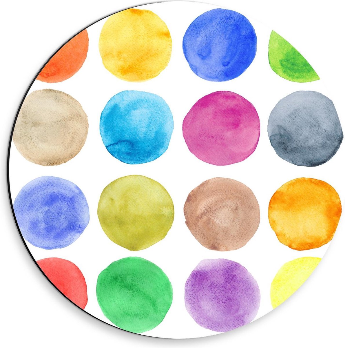 Dibond Wandcirkel - Verschillende Kleuren Rondjes van Waterverf - 30x30cm Foto op Aluminium Wandcirkel (met ophangsysteem)