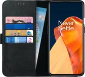 Rosso Deluxe Echt Leer Book Case Hoesje Geschikt voor OnePlus 9 Pro | Ruimte voor drie pasjes | Portemonnee Book Case | Met Pasjeshouder | Zwart