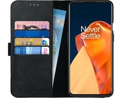 Rosso Deluxe Echt Leer Book Case Hoesje Geschikt voor OnePlus 9 Pro | Ruimte voor drie pasjes | Portemonnee Book Case | Met Pasjeshouder | Zwart