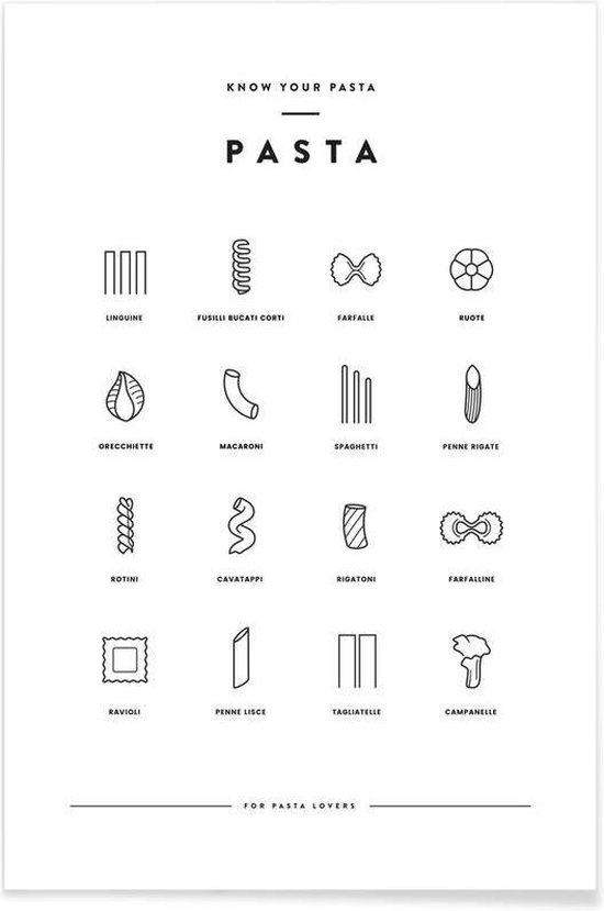 JUNIQE - Poster Pasta infographic -20x30 /Wit & Zwart