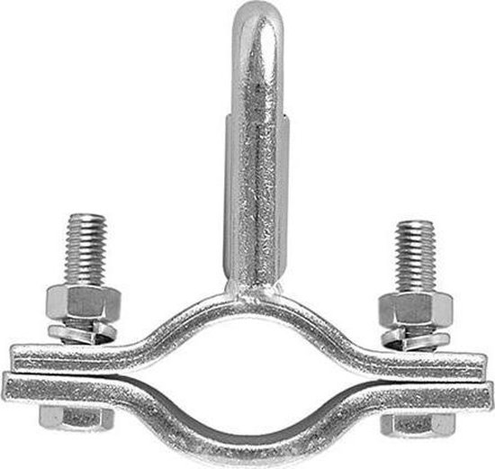 Zilverkleurige klem met twee bouten en moeren, en een gebogen oog aan de bovenzijde.