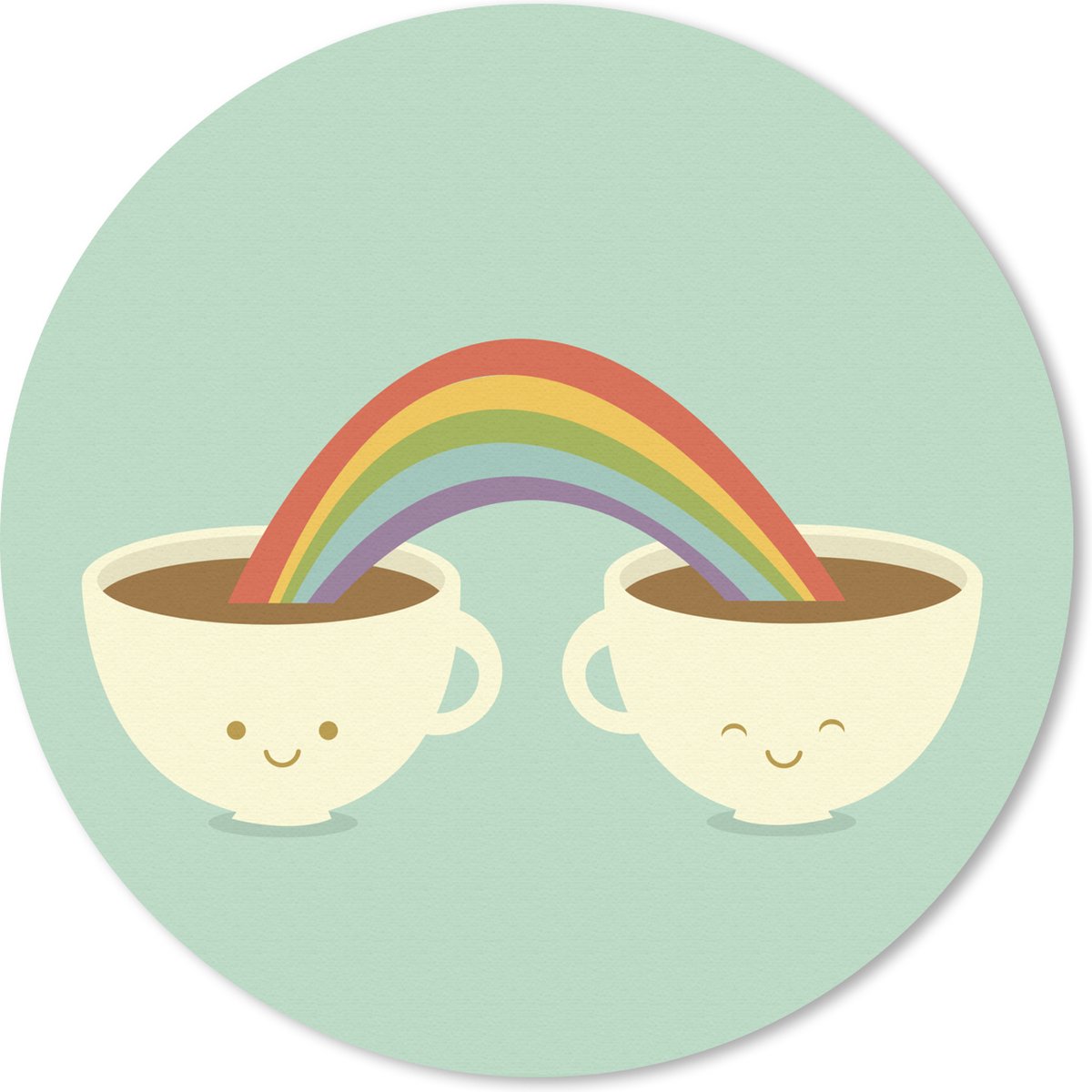 Muismat rond 30x30 cm - Mousepad Een illustratie van een regenboog boven twee kopjes koffie - Ronde muismatten