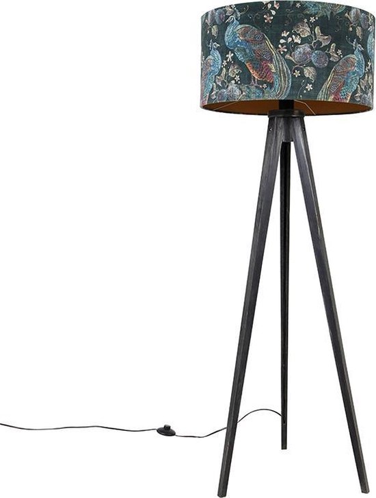 QAZQA tripod_classic - Moderne Tripod | driepoot vloerlamp | Staande Lamp - 1 lichts - H 136 cm - Groene pauw print - Woonkamer | Slaapkamer | Keuken
