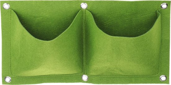 Groene verticale tuin van vilt met twee vakken naast elkaar, 22 x 41 cm.
