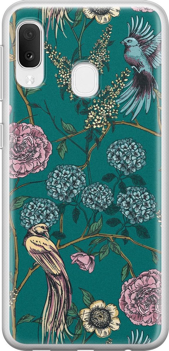 Samsung Galaxy A20e siliconen hoesje - Vogels Japanse bloemen - Soft Case Telefoonhoesje - Blauw - Bloemen