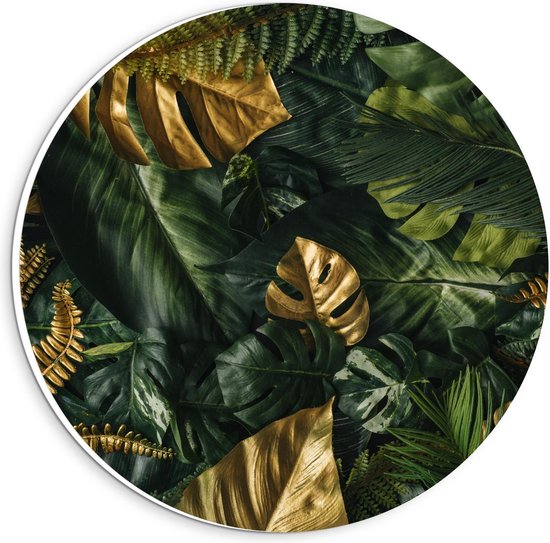 Cercle mural Forex - Feuilles dorées entre forêt verte - Photo 20x20cm sur cercle mural (avec système de suspension)