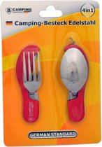 4-in-1 Inklapbaar Camping Bestek - Vork / Lepel / Mes / Flesopener - Roestvrij staal - Survival Bestek - Rood