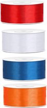 4x kleuren rollen hobby/decoratie satijn sierlint 2,5 cm x 25 meter - Cadeau inpakken/decoreren - oranje, wit, rood en blauw