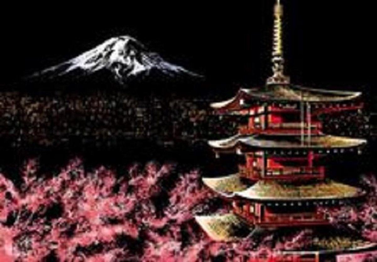 Scratch Art Cherry blossoms Mount Fuji - 410 x 287 mm - Kras tekeningen - Scratch painting