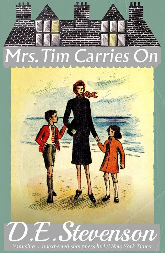 Boekcover met illustratie van een vrouw met rode sjaal, met twee kinderen op een strand. Titel: Mrs. Tim Carries On.